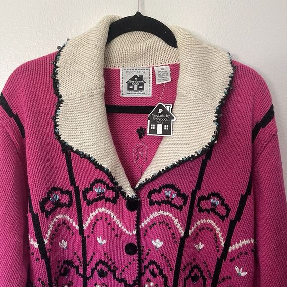 Storybook Knits HSN Cardigan Pink Black Embroidered Beaded Sweater Sz 2X NEW - Picture 2 of 6